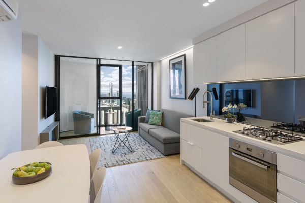 Apartment with living room and kitchen on display