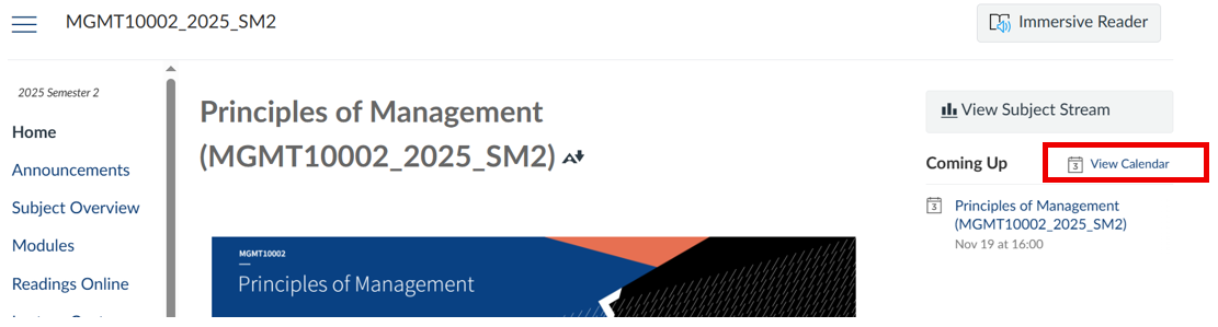 Log in to your subject’s LMS page, and select View Calendar on the right-hand side