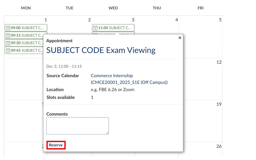 Student-view: Viewing an open appointment