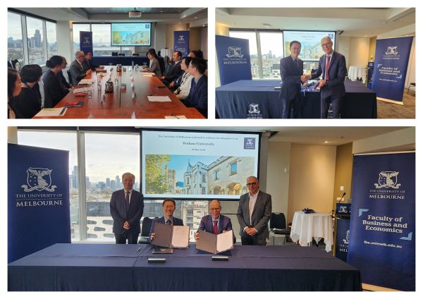 A delegation from Wuhan University, led by Vice President Professor Lu Wei, visited Melbourne in May 2026. During the visit, a cooperation agreement between Wuhan University and the Faculty of Business and Economics (FBE) was signed by Professor Paul Kofman (Dean, FBE) and Professor Sun Xiang (Associate Dean, School of Economics and Management).