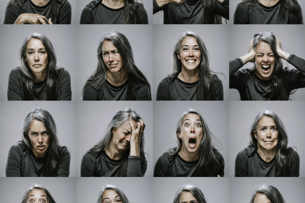 multiple faces of a lady showing a range of emotions