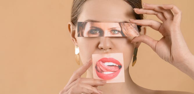 female face with magazine cut-outs for eyes and lips