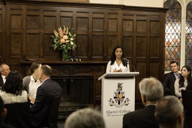 Afra Cader addressing Bachelor of Commerce students at the Queen’s College Faculty dinner