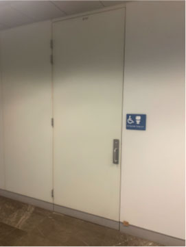 Accessible toilet located on Level 2 of the Spot Building where the toilet door is non-automatic and heavy