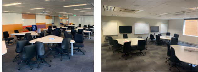 Left) Room 2.002 in the Spot Building offering limited movement space due to closely spaced chairs and tables; (Right) Tutorial Room 5018 in FBE Building offering good movement space