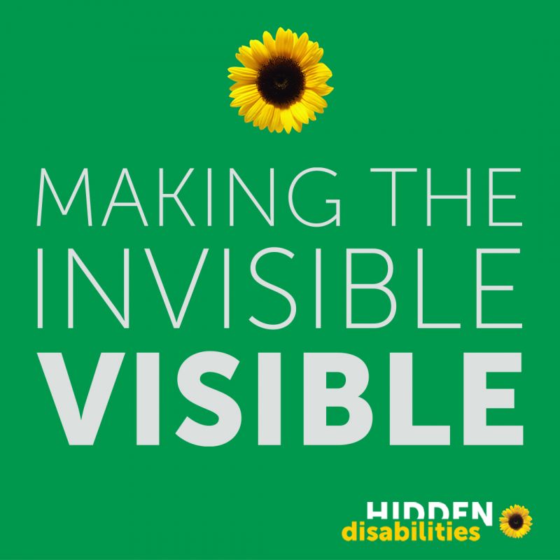 Bright green background with logo for the Hidden Disabilities Sunflower inititative of a yellow sunflower in bloom and slogan saying Making the Invisible Visible