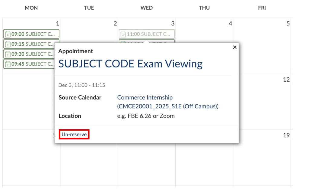 Student-view: Viewing a reserved appointment