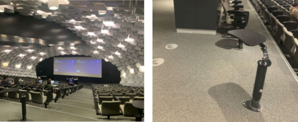 (Left) accessible seating options on the last row in Copland Theatre; (Right) accessible seating in the back of Copland Theatre