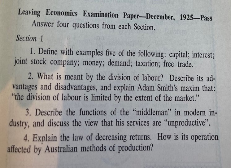 A copy of the first Economics Secondary Schools’ Leaving examination in 1925