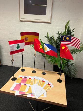 multicultural flags on a table top