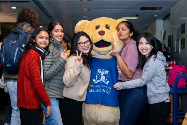 Students with Barry the Bear at the Student Brunch