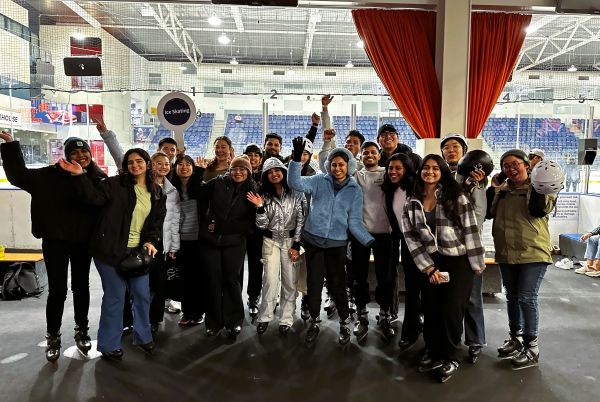 Students in the ice-skating arena