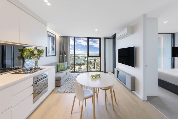 Apartment with kitchen and living room on display